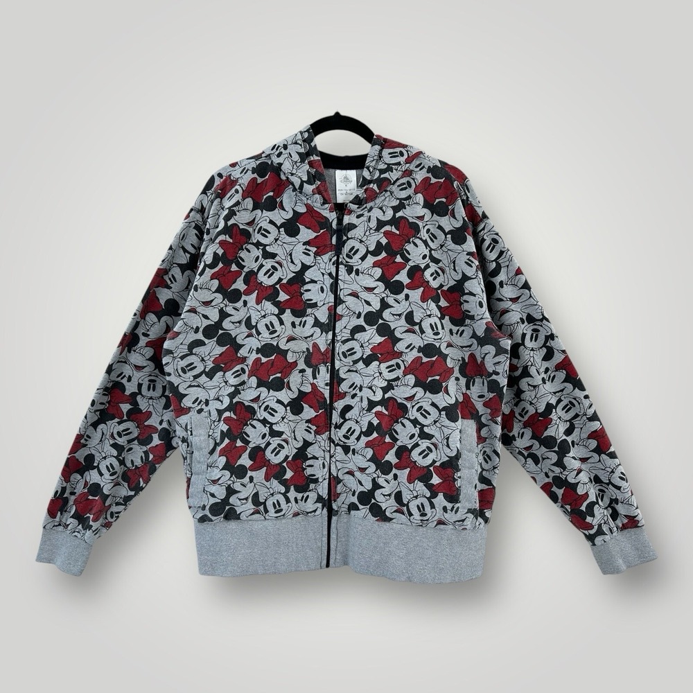 Disney Minnie Mouse Hoodie Sweatshirt Womens XL Gray Full Zip All Over Print